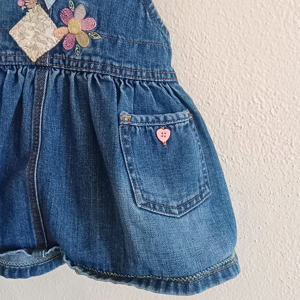 OshKosh B'Gosh Denim Blue Jean Denim Jumper Embroidered Pink Flowers Patches 3/6